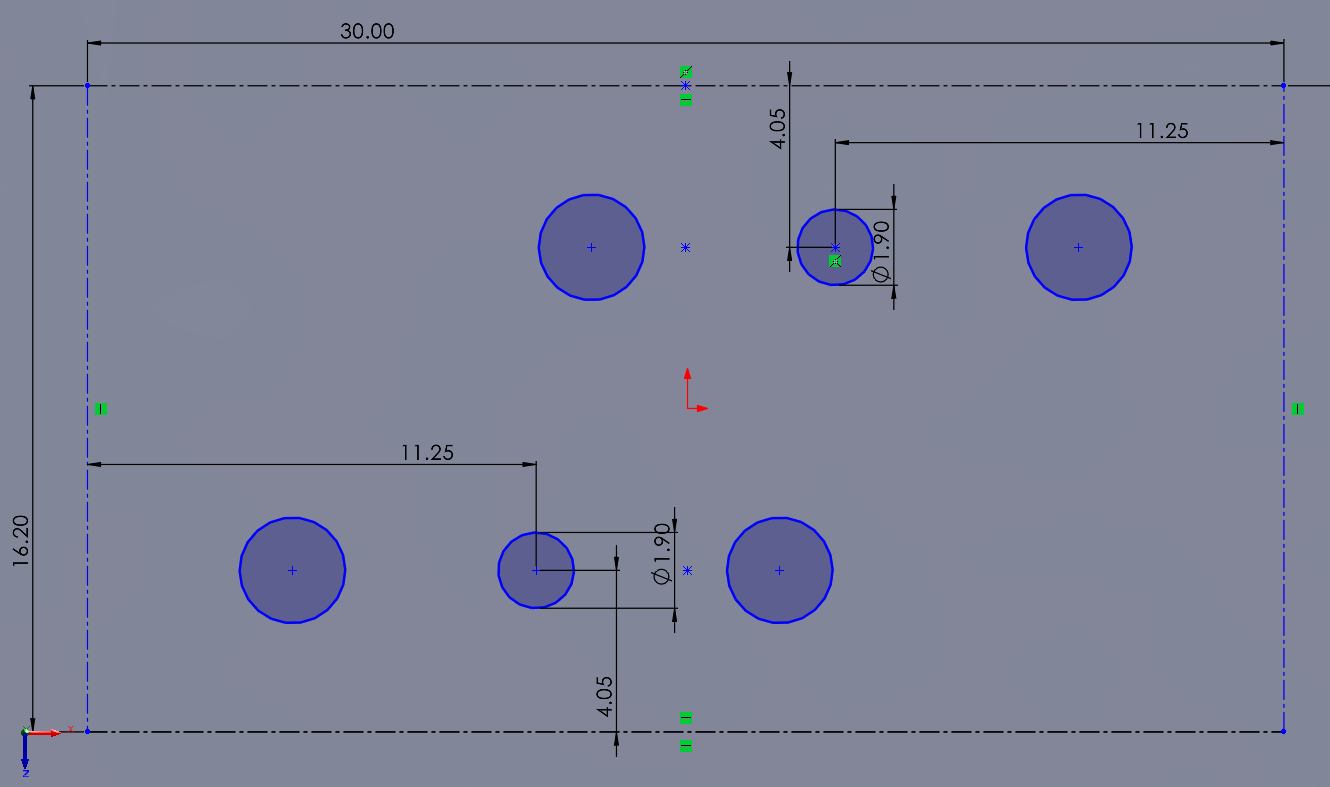 Dimensioned top view of the cavity probe and fastener placement